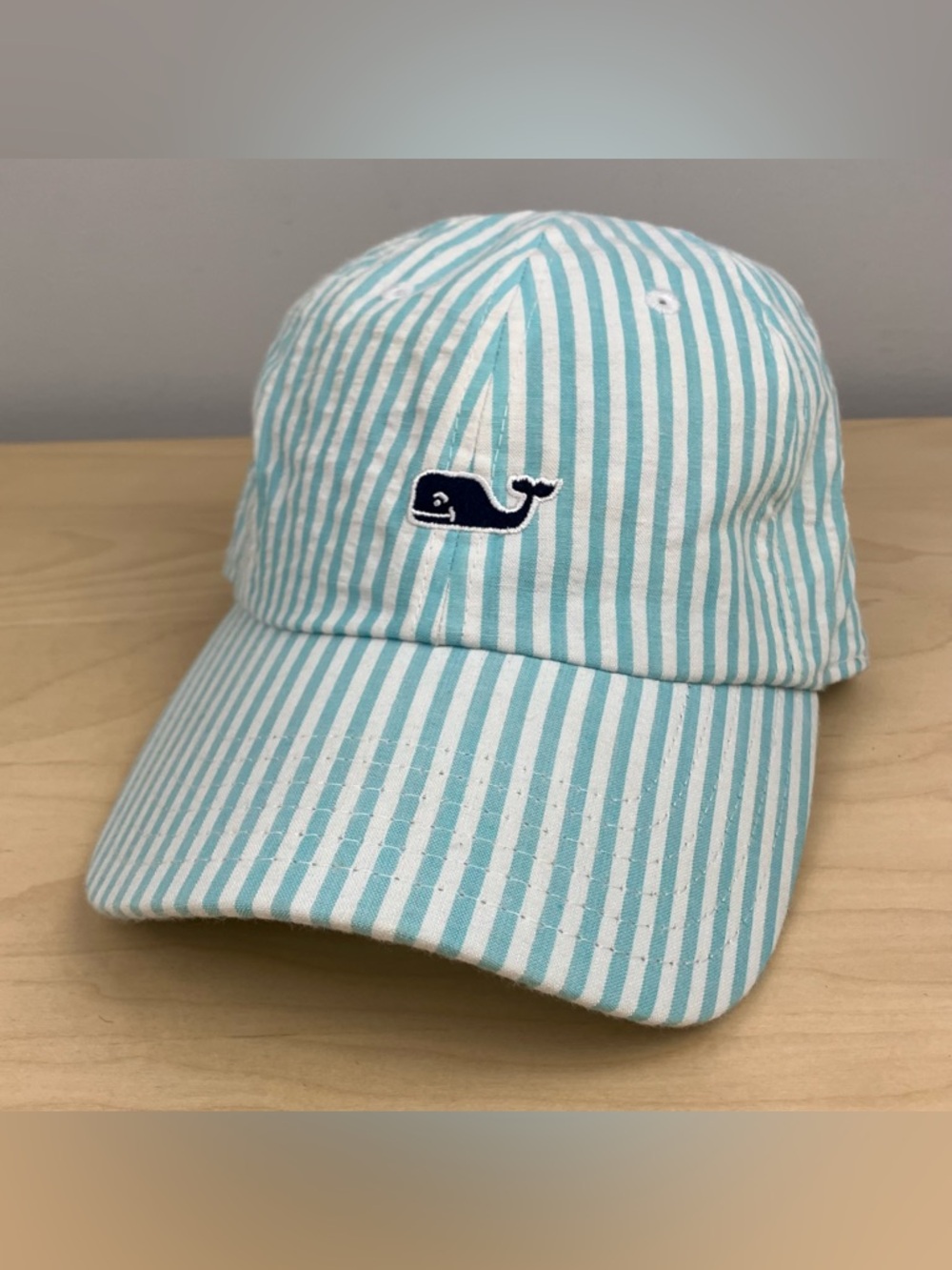 Vineyard Vines Seersucker Strapback Dad Hat Light Blue White Striped Whale Logo